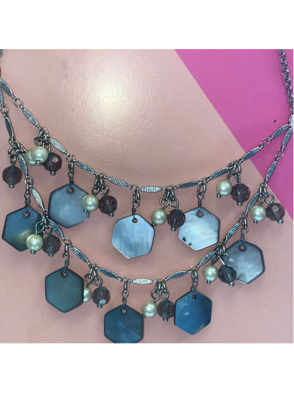 Women's Lia Sophia Layered Hexagon Charm Necklace One Size Grey White